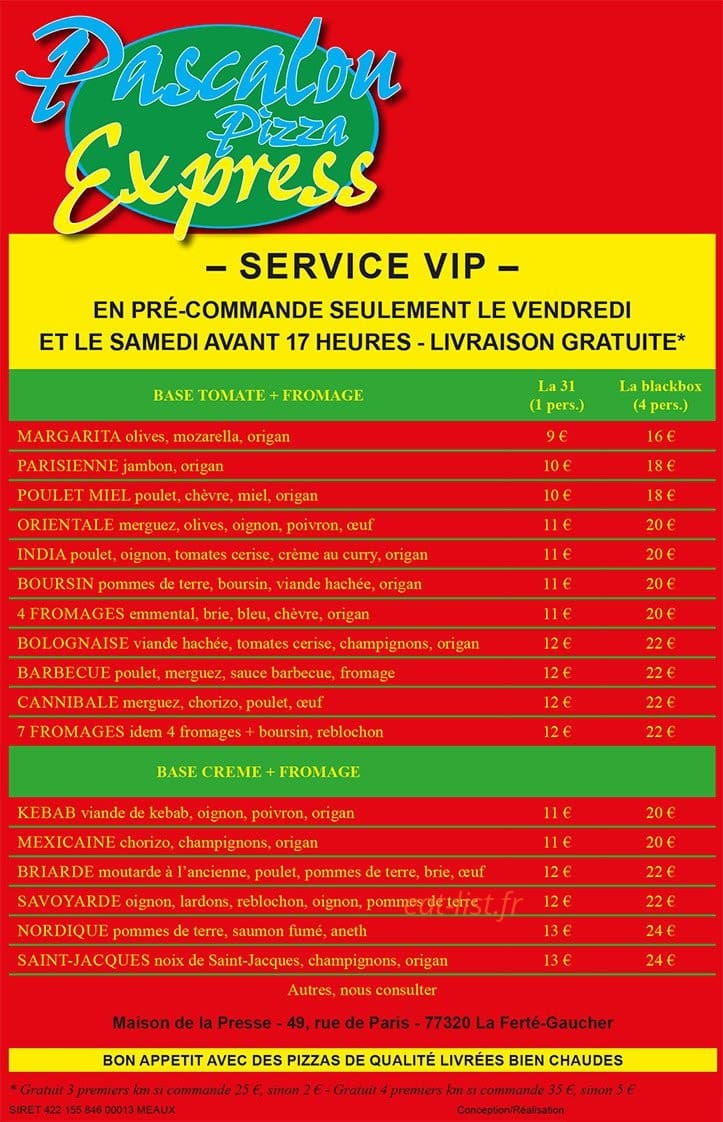 Pascalou Pizza Express — carte page 1