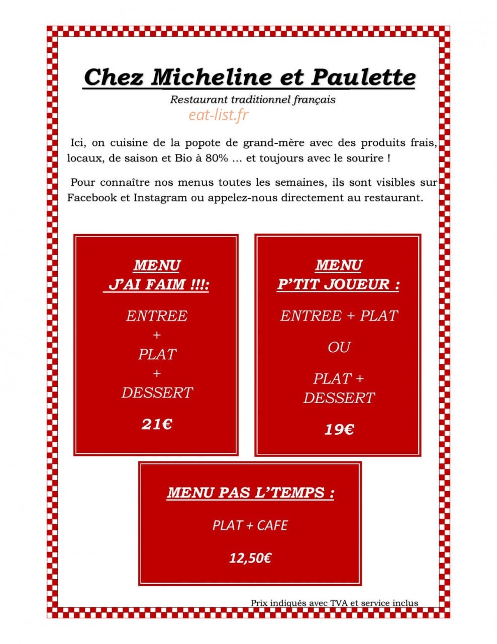 Restaurant Micheline et Paulette — carte page 1