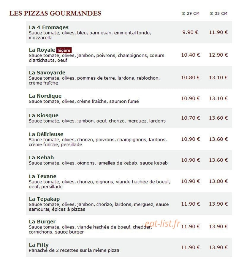 Le Kiosque à Pizzas — carte page 1