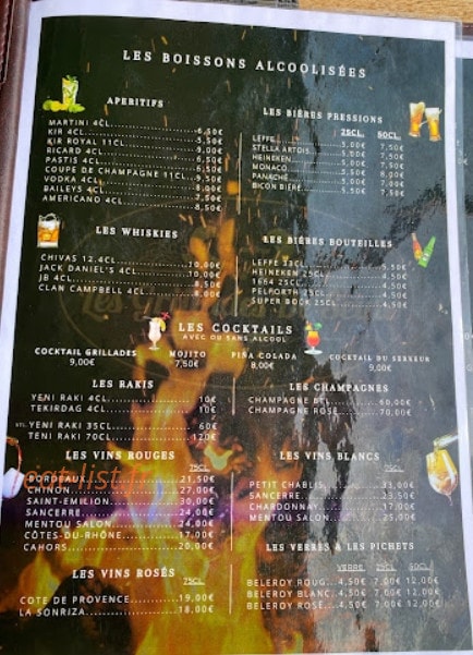 Carte et menu de Les Grillades De Seine à Le Mee sur Seine — Les boissons alccolisees
