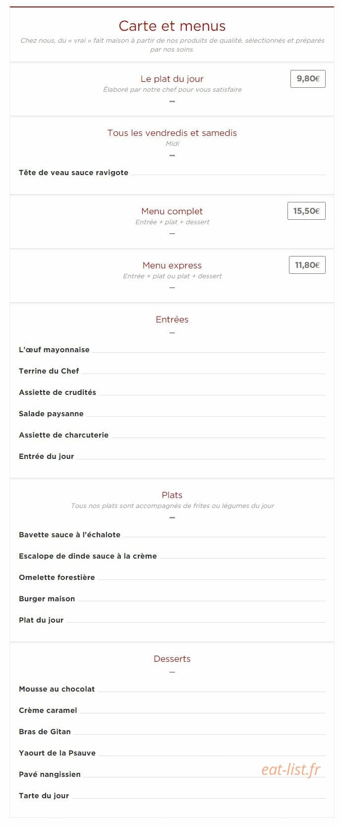 restaurant de la gare de Nangis — carte page 1