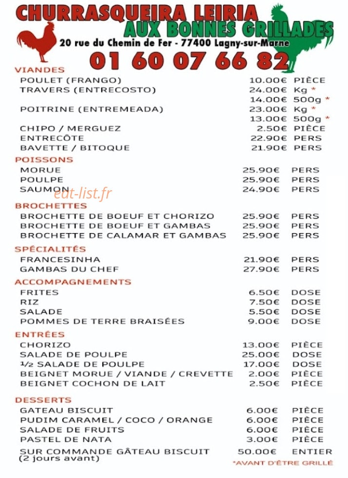 Carte et menu de Churrasqueira Leiria à Lagny sur Marne — Les viandes, poissons et entrées,...