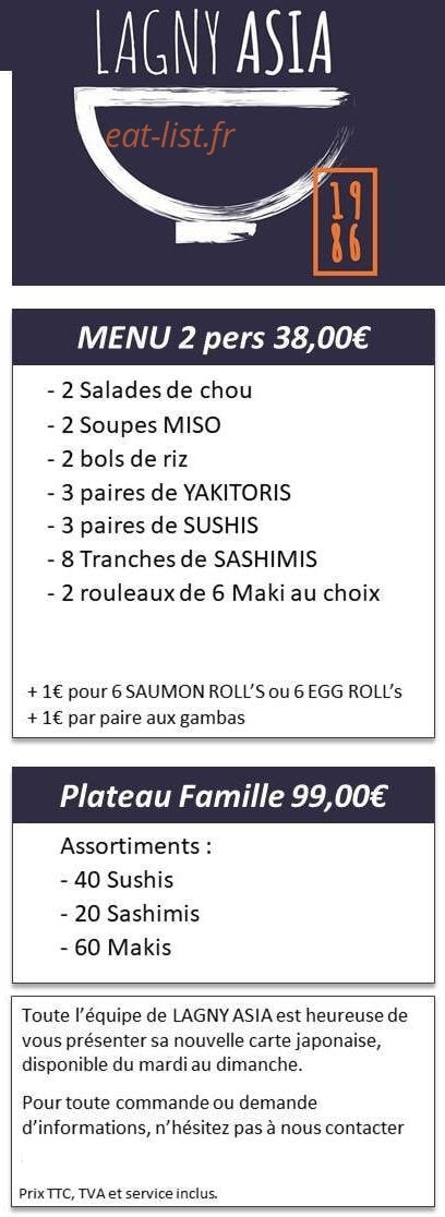 Carte et menu de Lagny Asia à Lagny sur Marne — Le menu à 2 personnes et plateau famille
