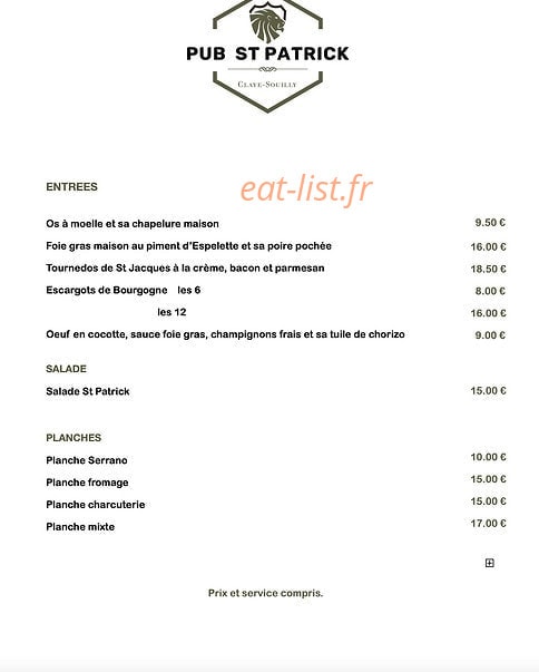 Pub St Patrick — carte page 1