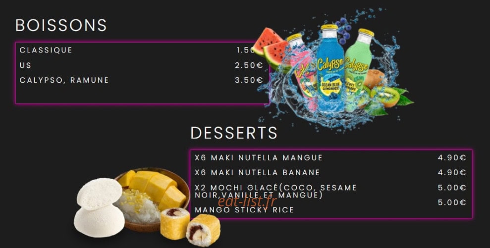 Carte et menu de Shiba Sushi N Wok à Champs sur Marne — Les boissons et desserts