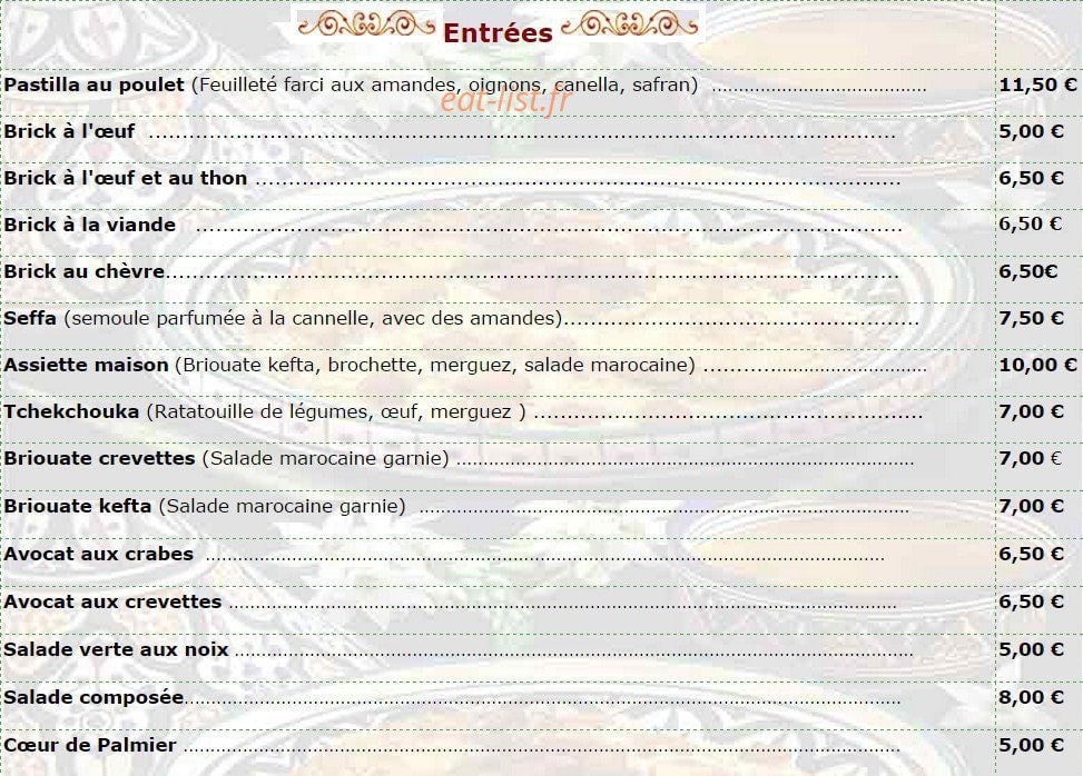 L'Auberge Marocaine — carte page 1