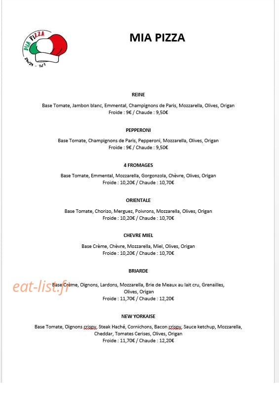 Mia pizza — carte page 1