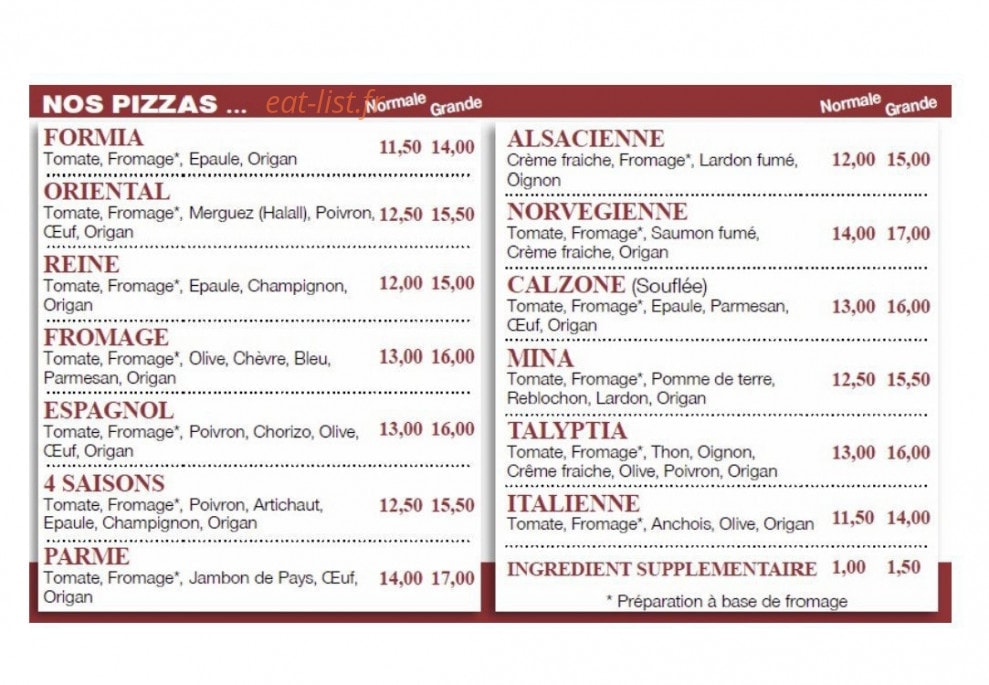 Mina Pizza — carte page 1