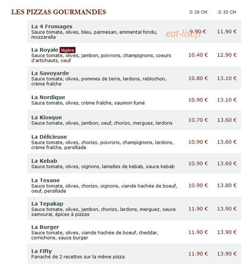 Le Kiosque à Pizzas — carte page 1