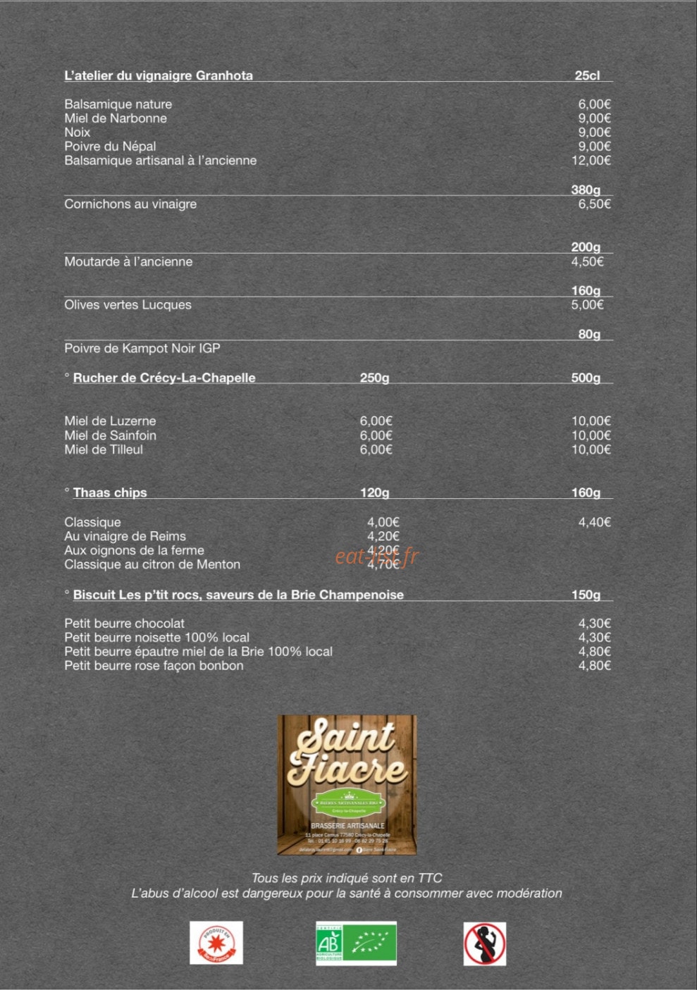 Carte et menu de Bière Saint-Fiacre à Crecy la Chapelle — Les produits suite