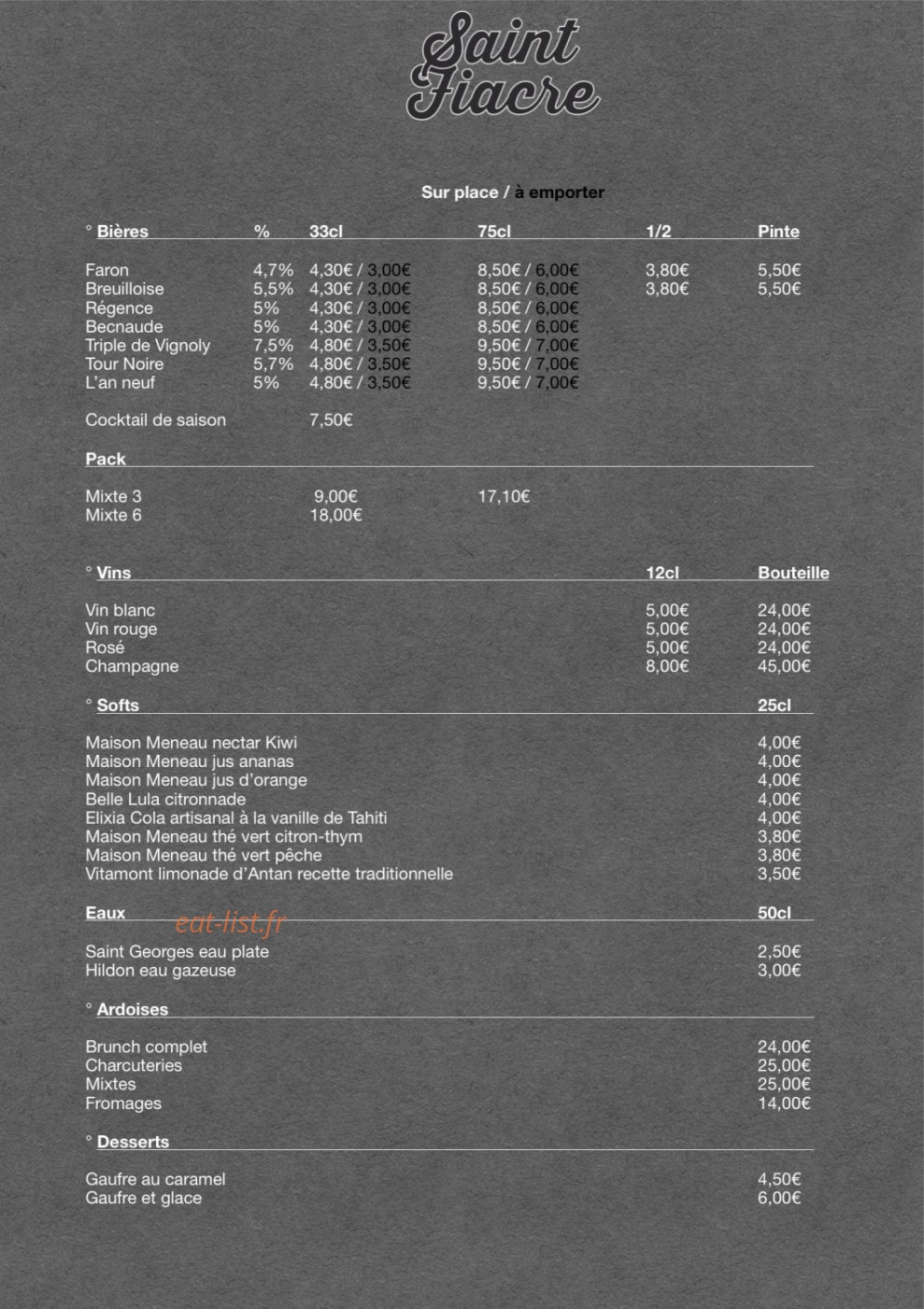 Carte et menu de Bière Saint-Fiacre à Crecy la Chapelle — Les bières, vins et softs, eaux,...
