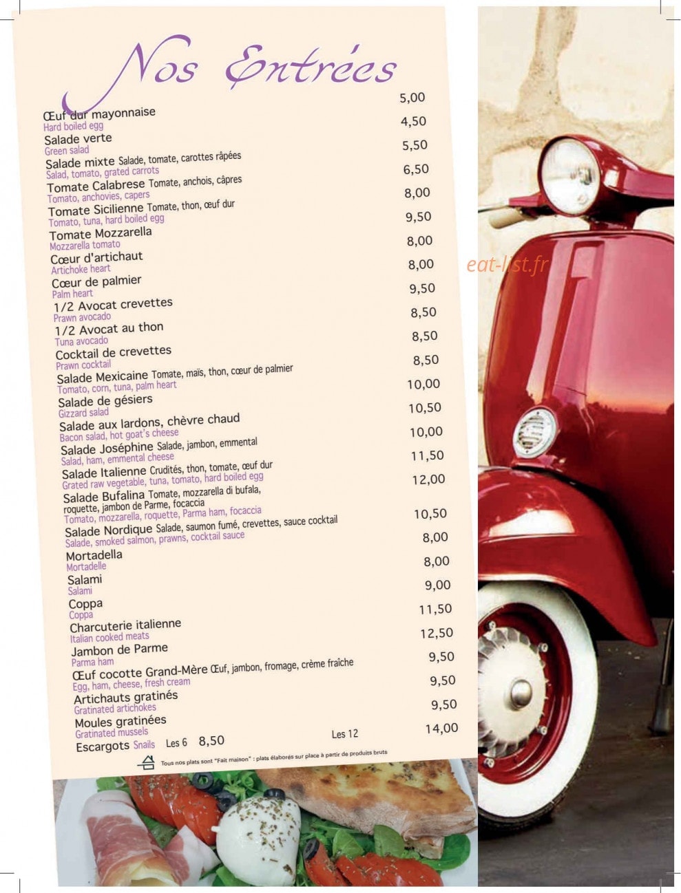 Carte et menu de Pizzeria Da Renato à Fontenay Tresigny — Les entrées