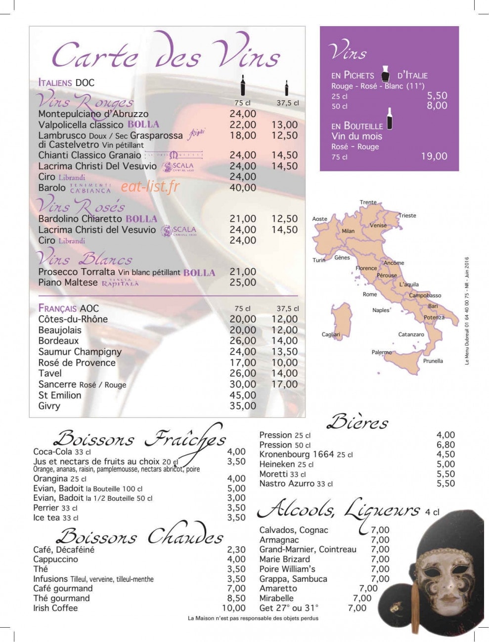 Carte et menu de Pizzeria Da Renato à Fontenay Tresigny — La cartes des vins, bières...