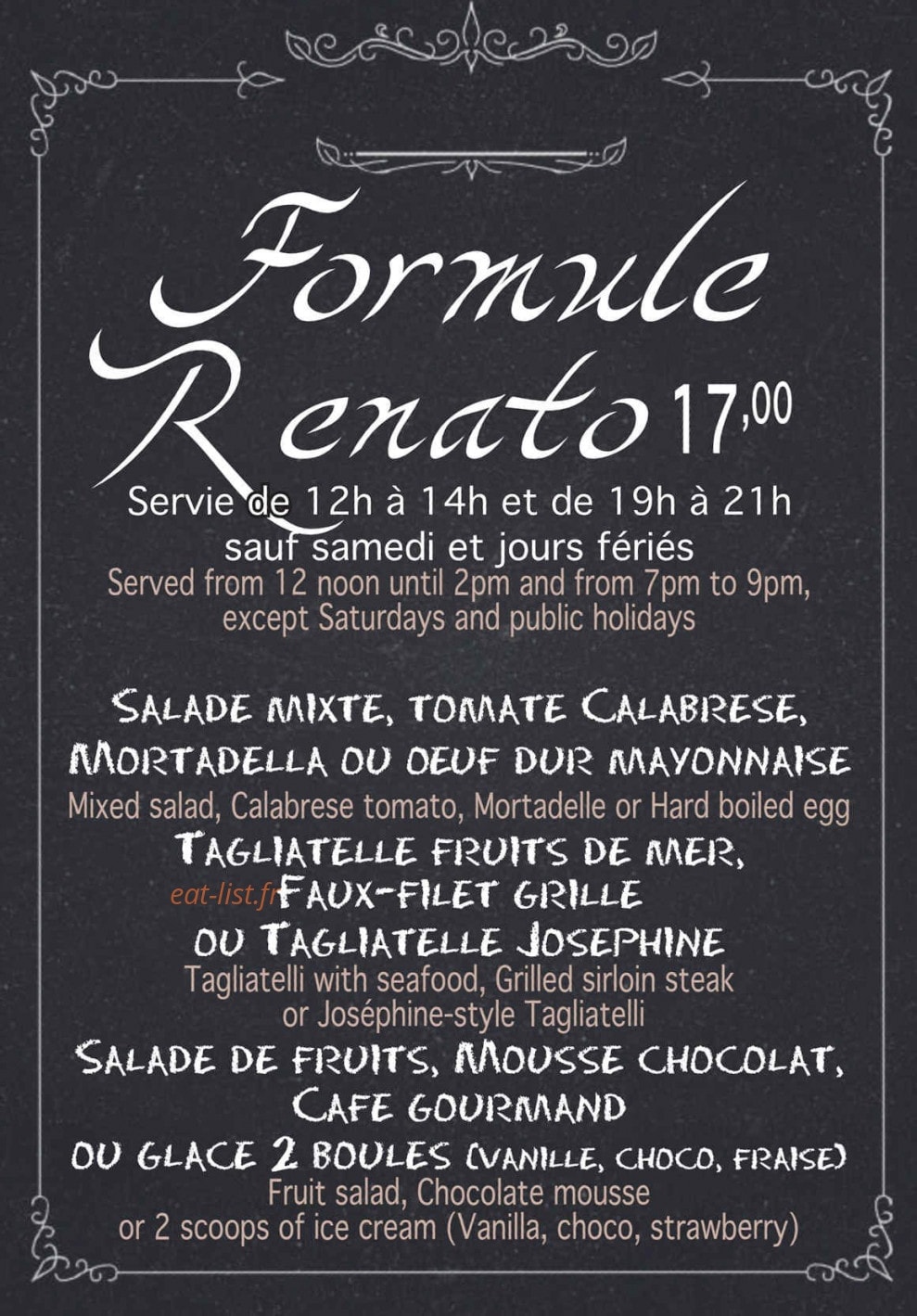 Carte et menu de Pizzeria Da Renato à Fontenay Tresigny — Le formule renato