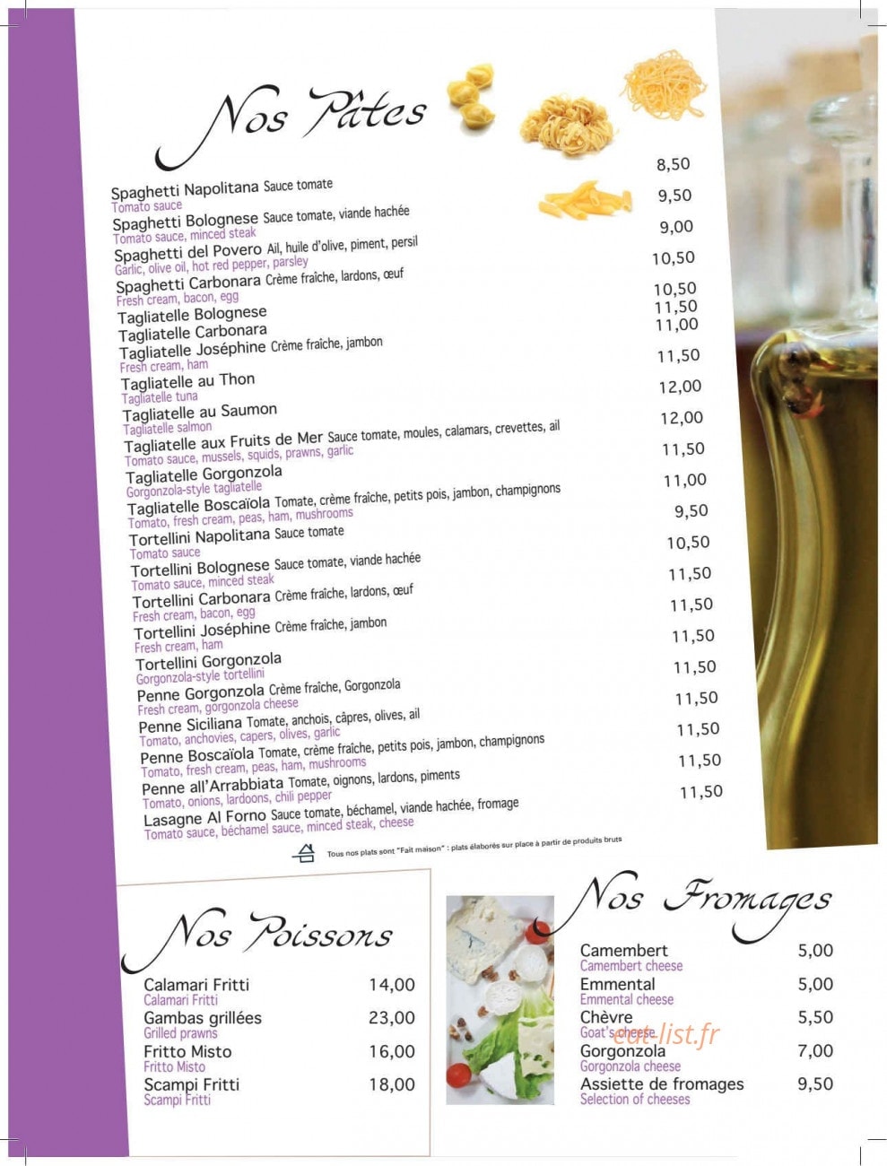 Carte et menu de Pizzeria Da Renato à Fontenay Tresigny — Les pâtes, poissons...