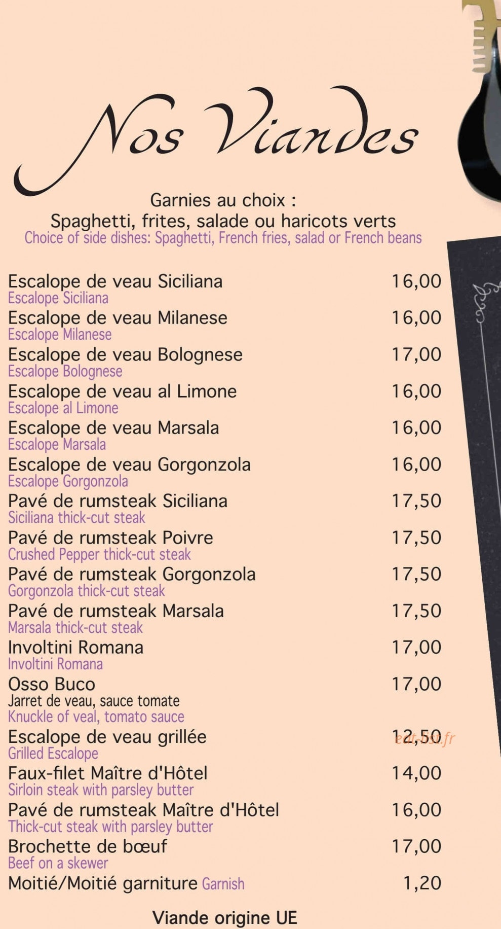 Carte et menu de Pizzeria Da Renato à Fontenay Tresigny — Les viandes