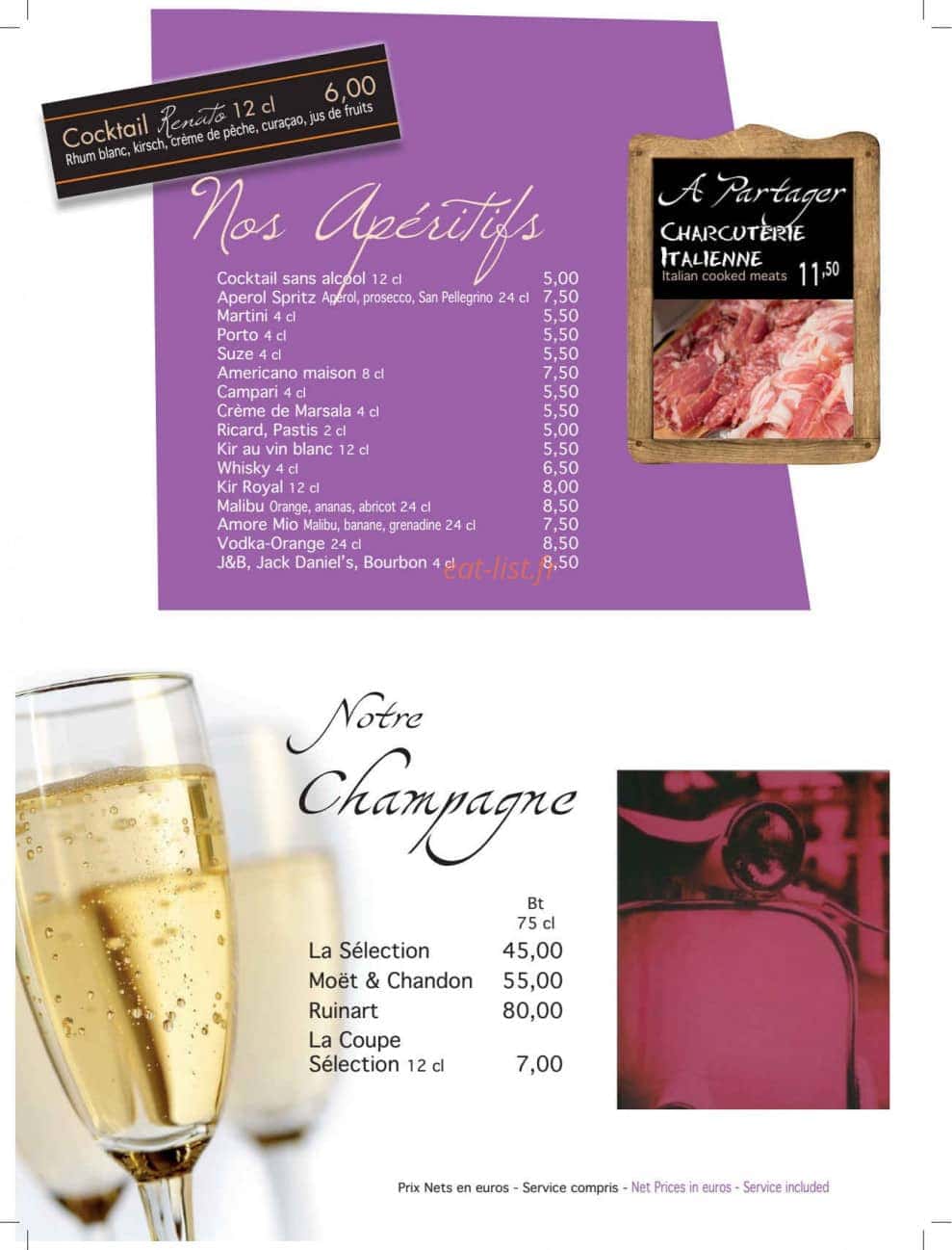 Carte et menu de Pizzeria Da Renato à Fontenay Tresigny — Les apéritifs, champagnes,....