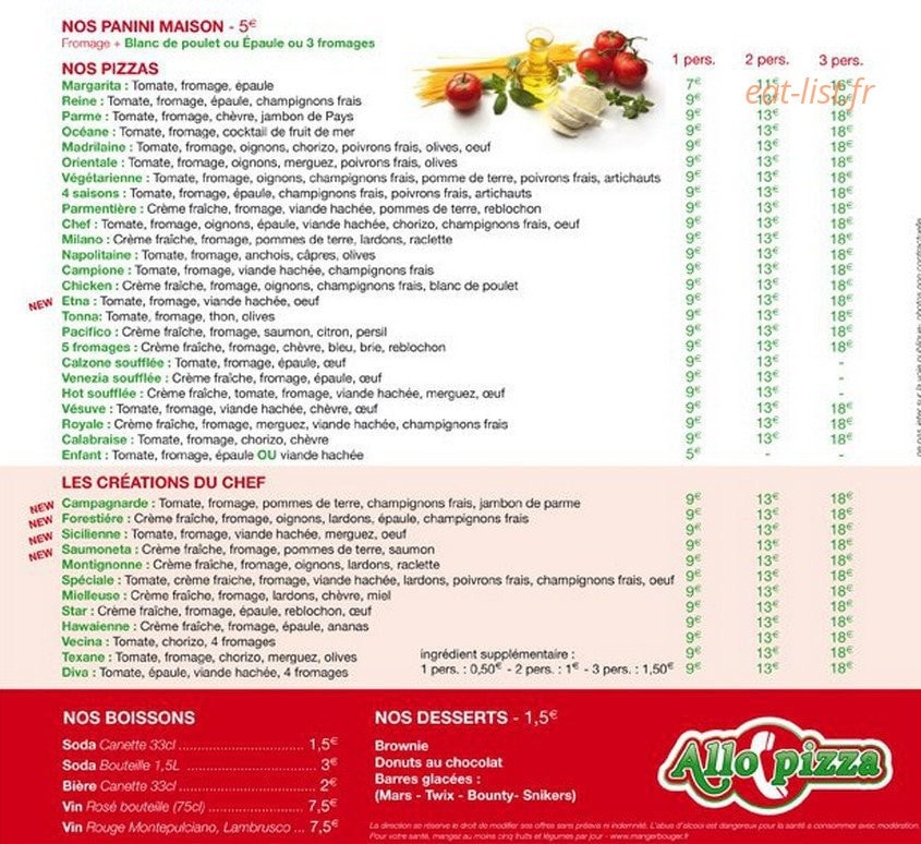 Allo Pizza — carte page 2