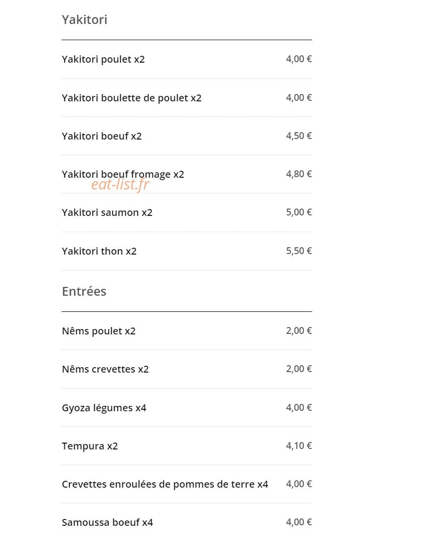 Carte et menu de Délice Sushi à Magny le Hongre — Les yakitoris et entrées