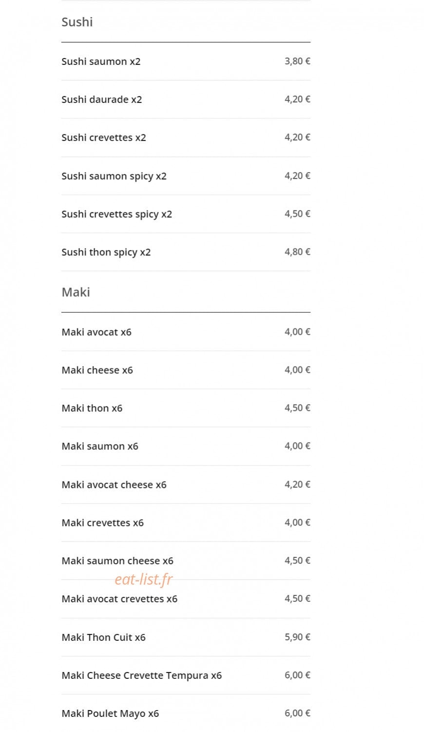 Carte et menu de Délice Sushi à Magny le Hongre — Les sushis et makis