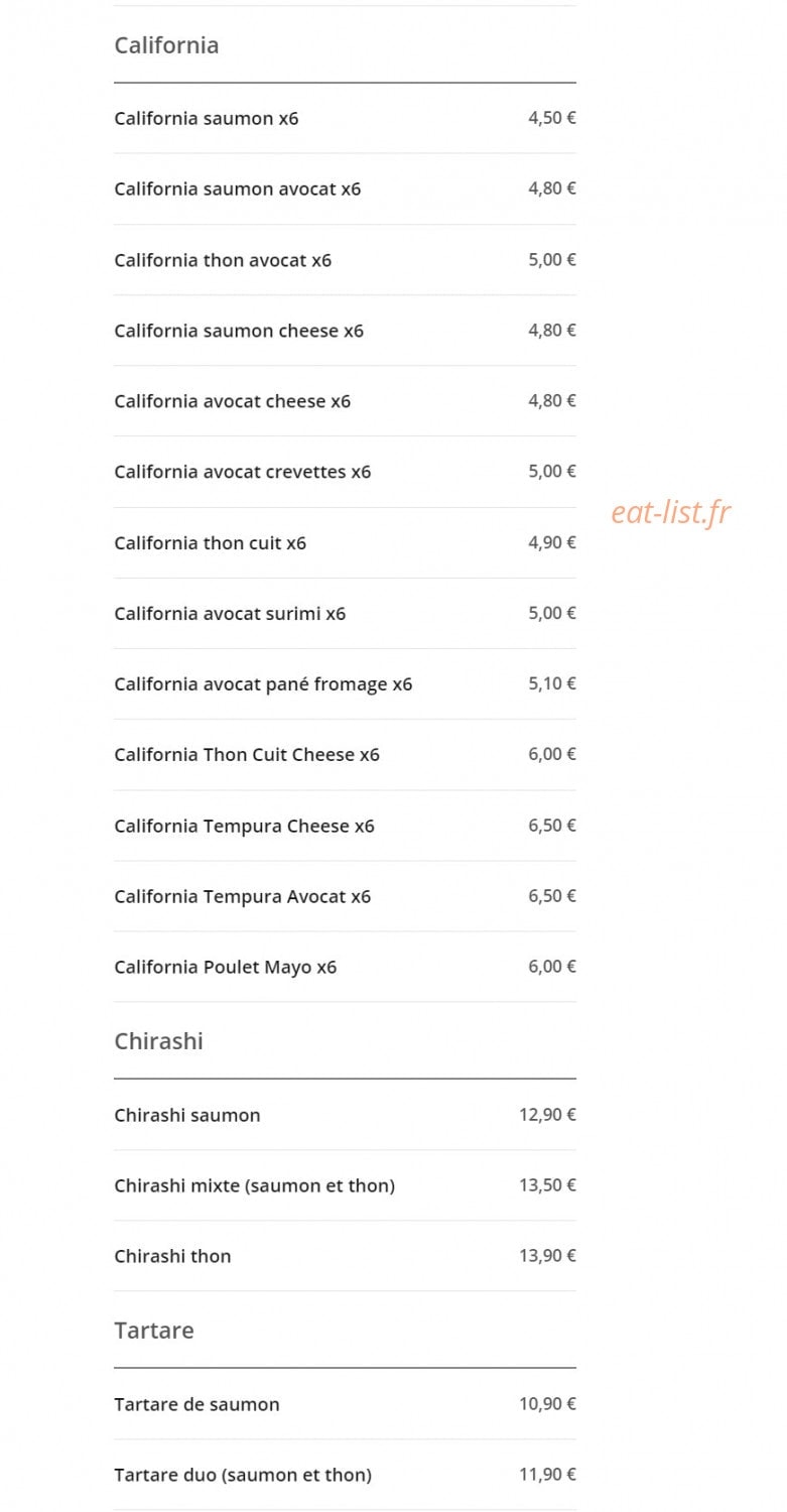Carte et menu de Délice Sushi à Magny le Hongre — Les californias et chirashis