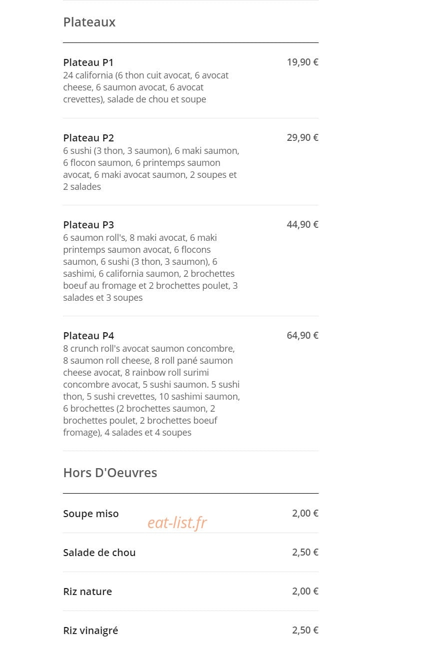 Carte et menu de Délice Sushi à Magny le Hongre — Les plateaux et hors d'oeuvres