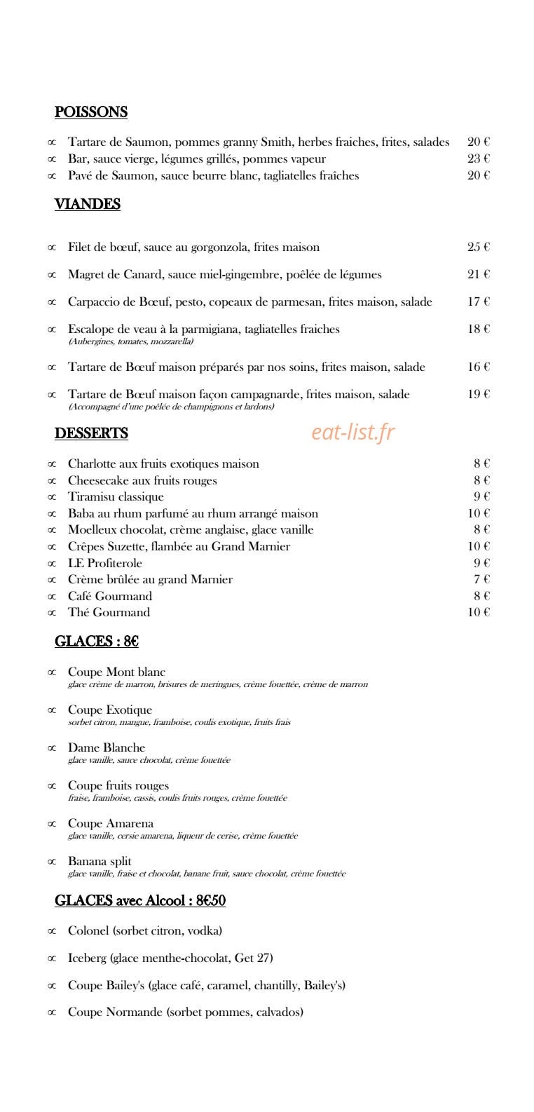 Carte et menu de Le zèbre de Magny à Magny le Hongre — Poissons, viandes, desserts, ....