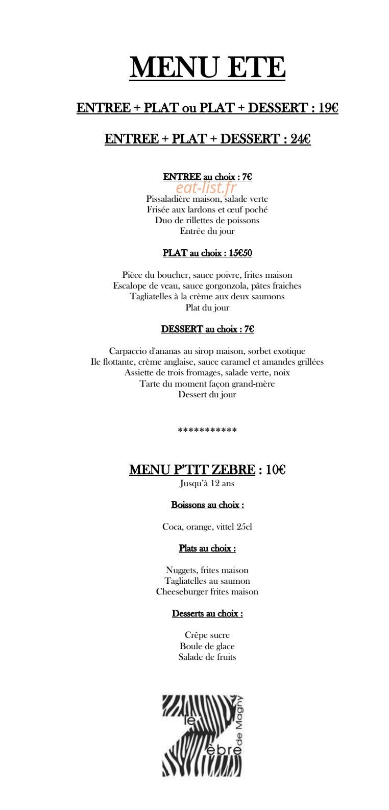Carte et menu de Le zèbre de Magny à Magny le Hongre — Menus