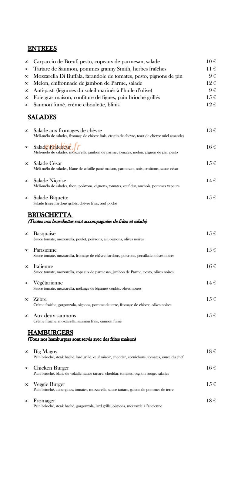 Carte et menu de Le zèbre de Magny à Magny le Hongre — Entrées, salades, brushettas,...