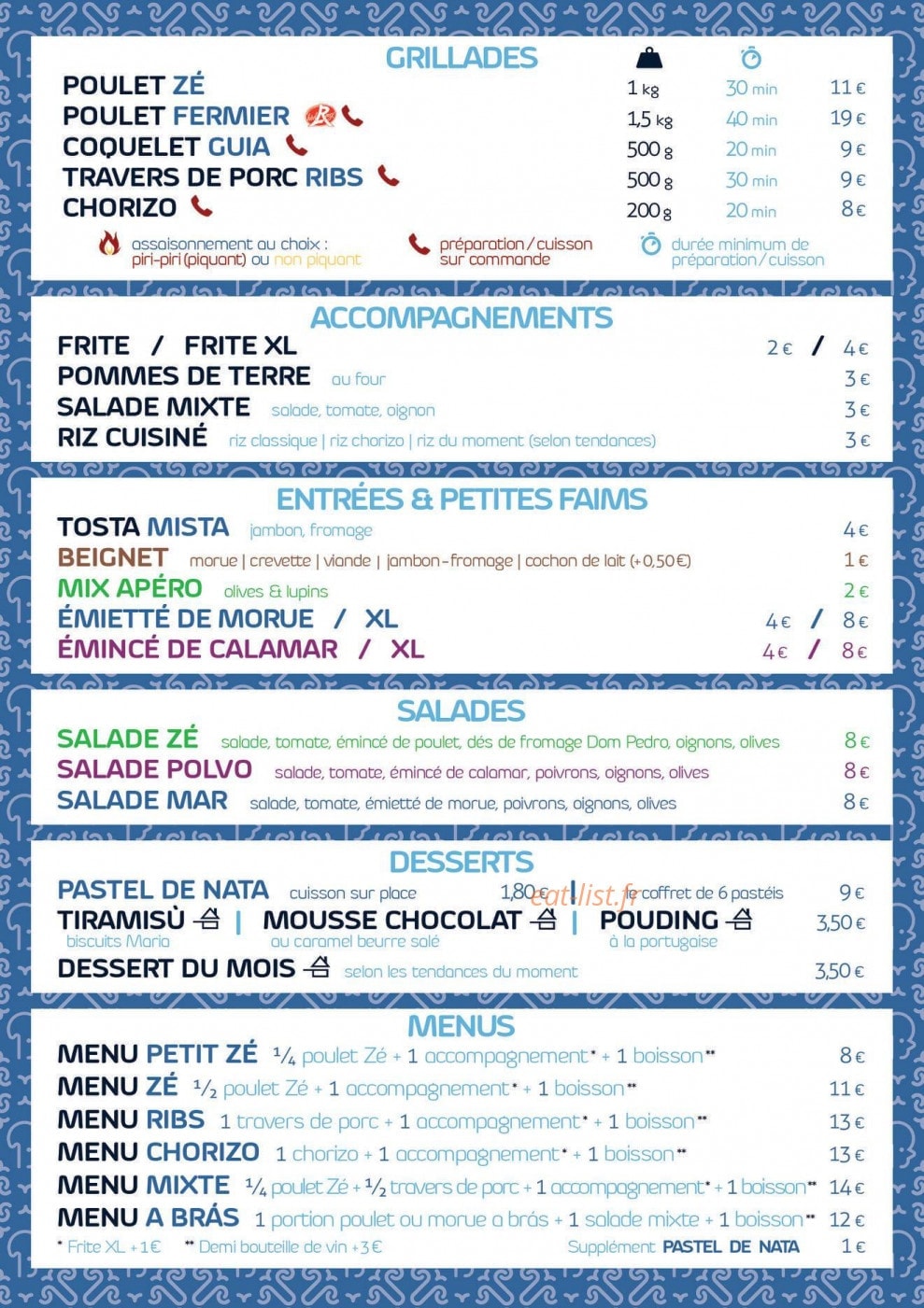 Carte et menu de Zé Churrasqueira à Magny le Hongre — Grillades, accompagnements, entrées,...