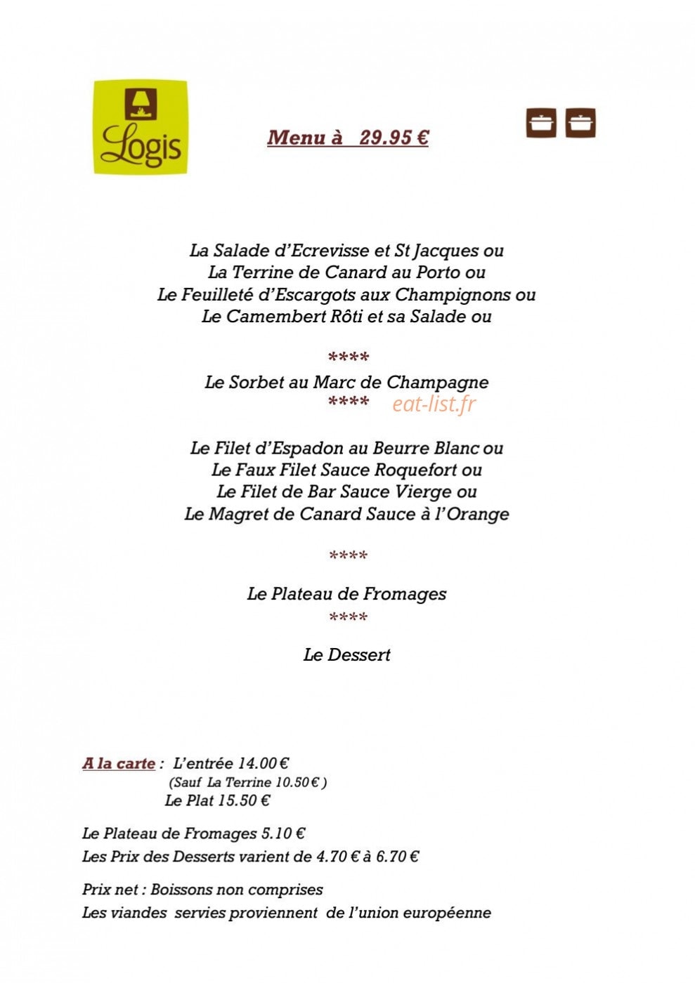 Carte et menu de Auberge du Lion d'Or à Nanteuil sur Marne — Le menu 23,95€