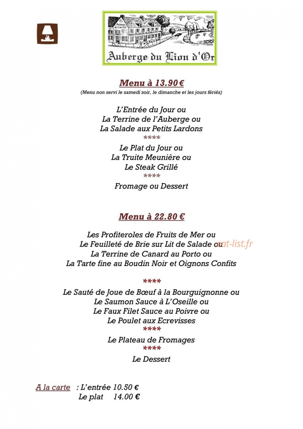 Carte et menu de Auberge du Lion d'Or à Nanteuil sur Marne — Le menu 13,8€ et 22,8€