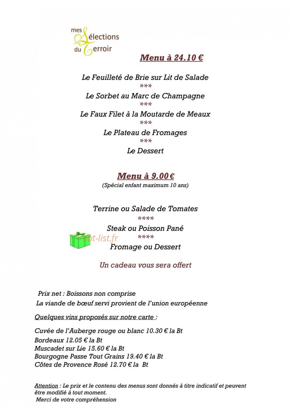 Carte et menu de Auberge du Lion d'Or à Nanteuil sur Marne — Le menu 24,1€ et 9€