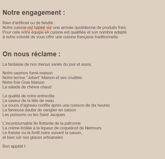 Carte et menu de Auberge de la Dame Jouanne à Larchant — La fantaisie du menu