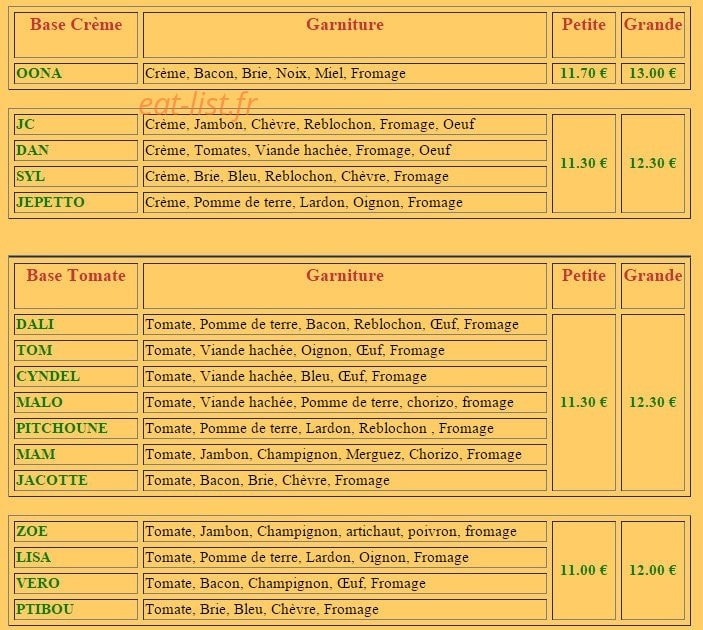 Pizza Calou — carte page 1