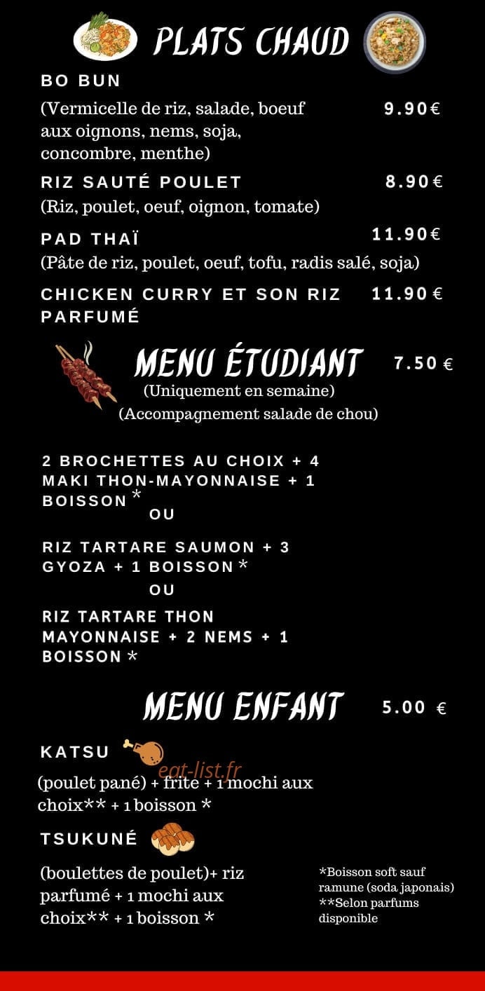 Carte et menu de Un Air du Japon à Le Chatelet en Brie — Les plats chaud, menu étudiant, ...