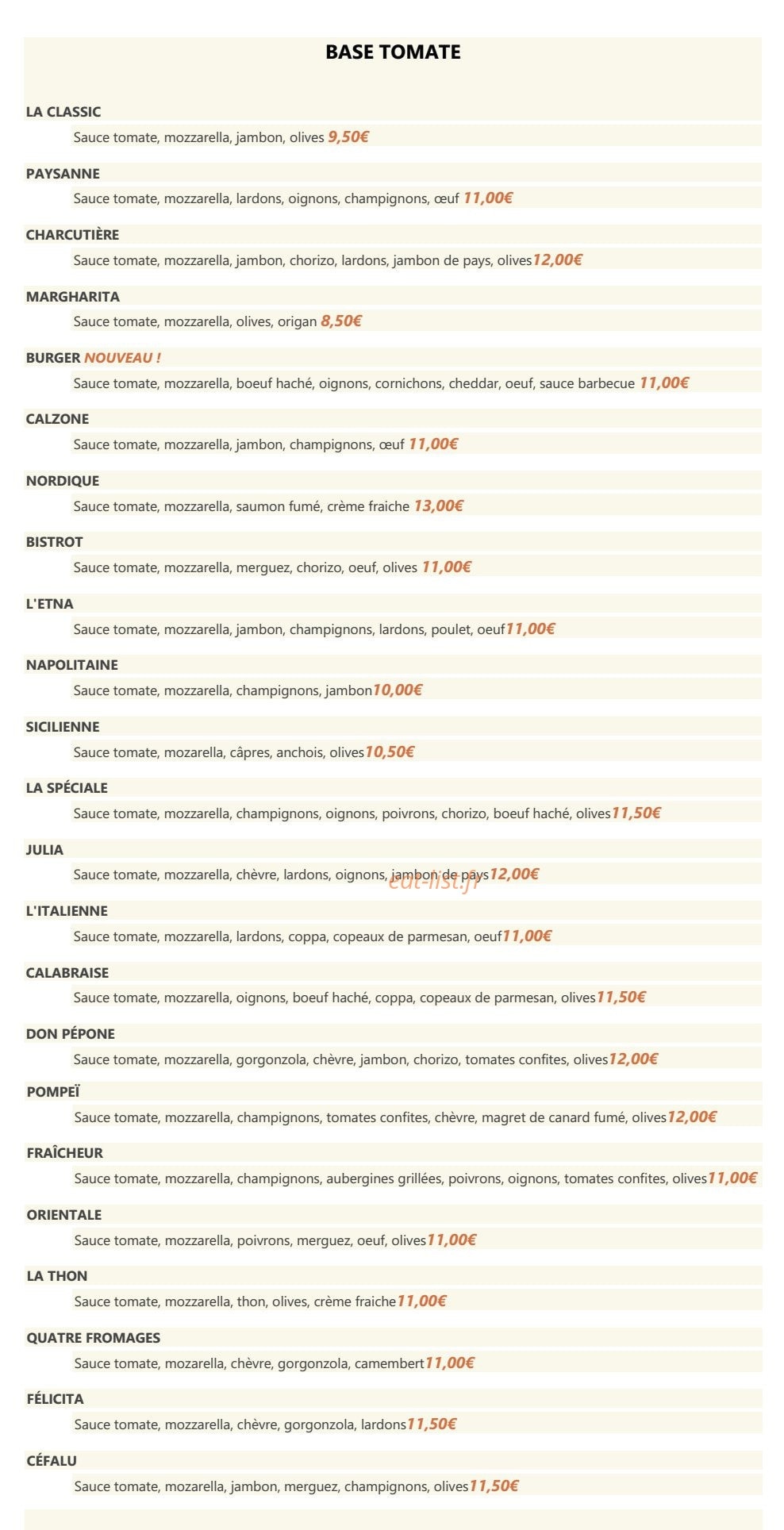 Carte et menu de La Taverne des Pizzas à Vulaines sur Seine — les pizzas base tomate