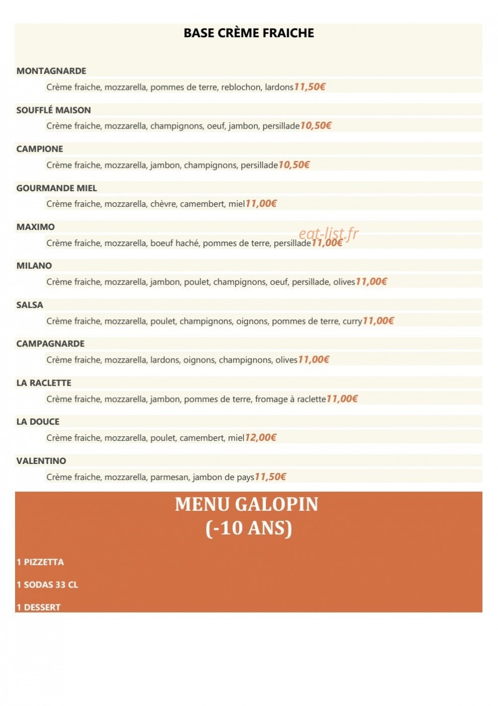Carte et menu de La Taverne des Pizzas à Vulaines sur Seine — les pizzas base creme