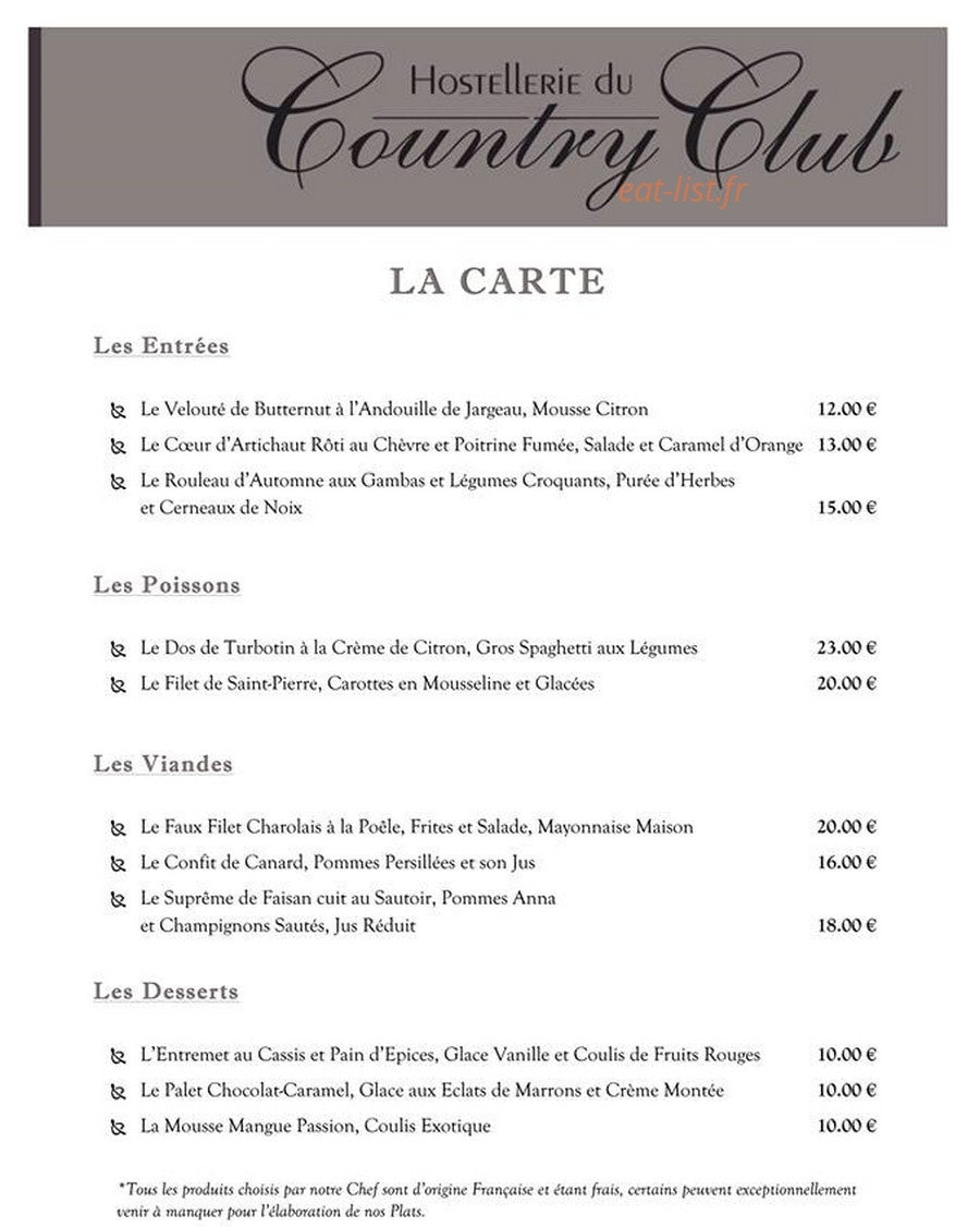 Carte et menu de Hostellerie du Country Club à Samois sur Seine — La carte