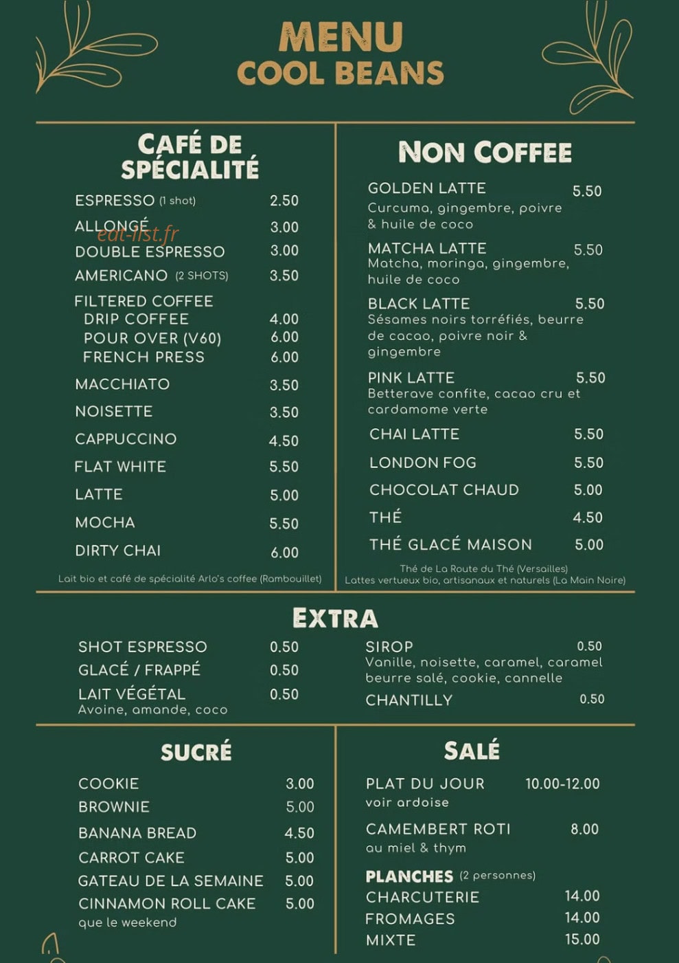 Cool Beans — carte page 1