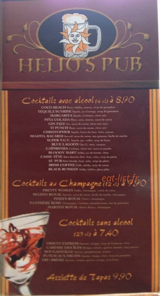 Helio's Pub — carte page 1