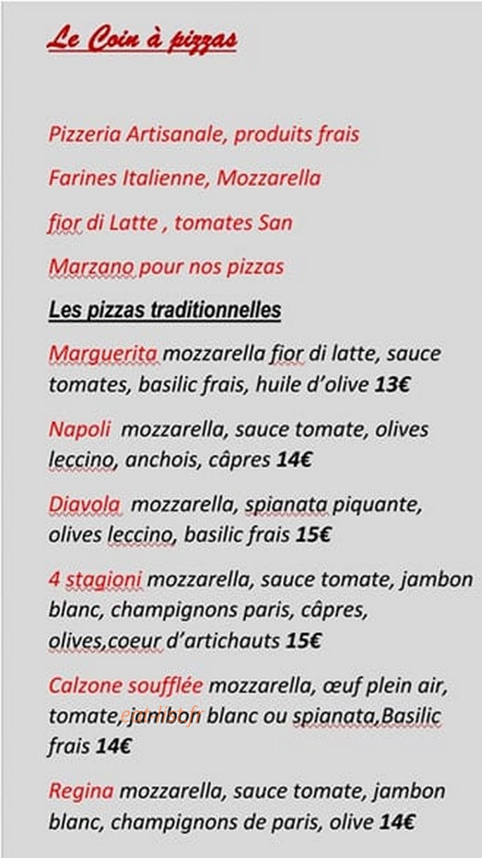 Le coin à Pizzas — carte page 1