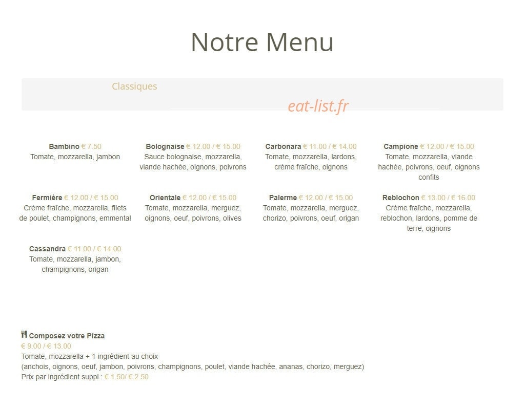 Chic Pizza — carte page 1