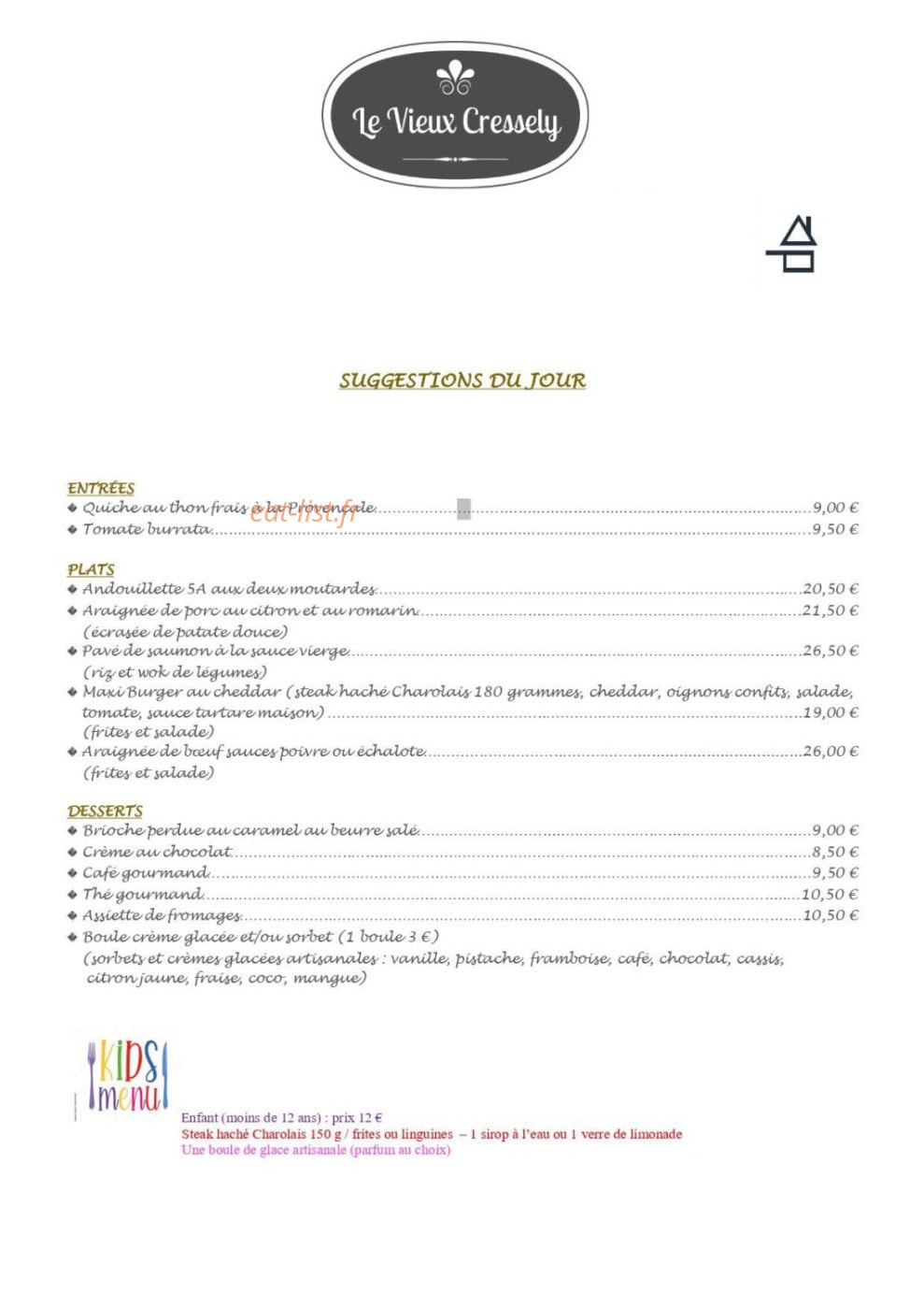 Carte et menu de Le Vieux Cressely à Magny les Hameaux — Un exemple de suggestions du jour