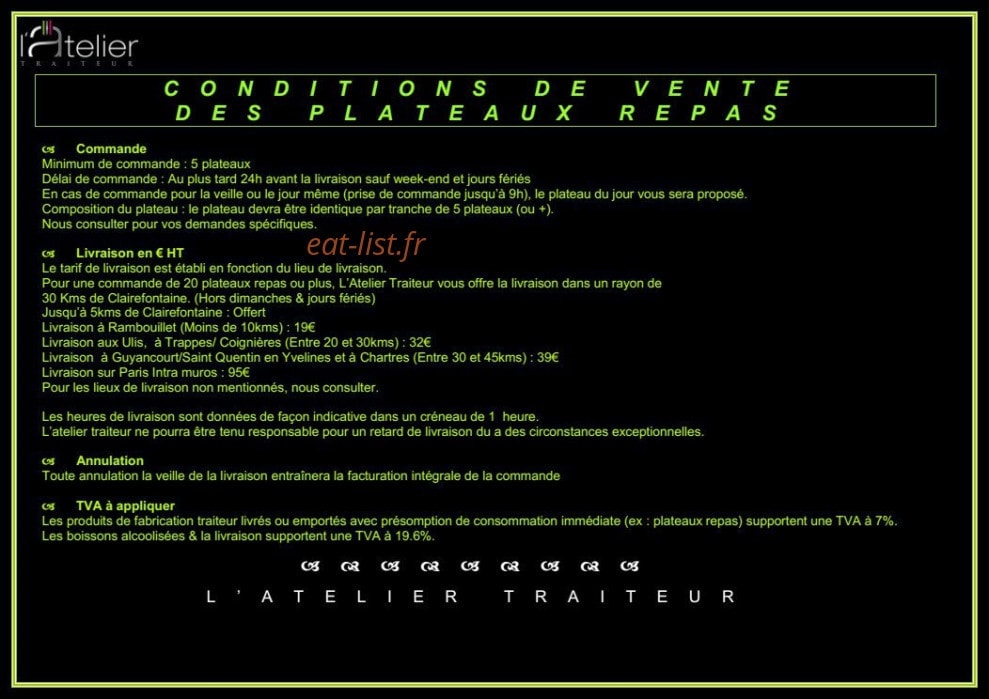 Carte et menu de L'Atelier Traiteur à Clairefontaine en Yveline — Informations supplémentaires