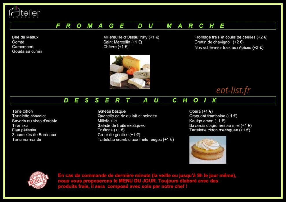 Carte et menu de L'Atelier Traiteur à Clairefontaine en Yveline — Les fromages et les desserts