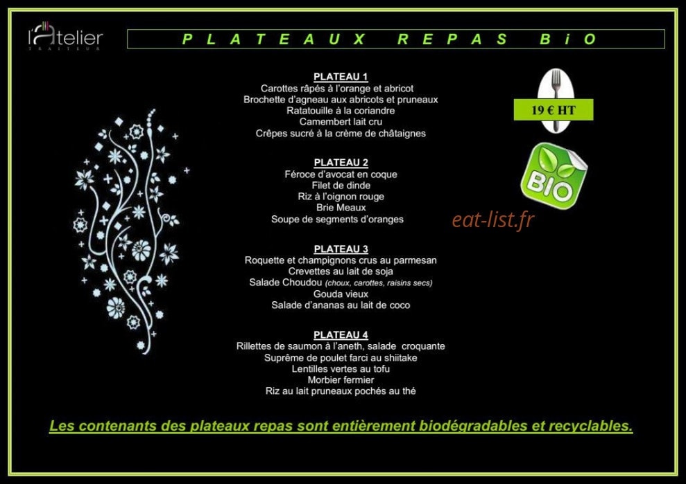 Carte et menu de L'Atelier Traiteur à Clairefontaine en Yveline — Les plateaux repas bio