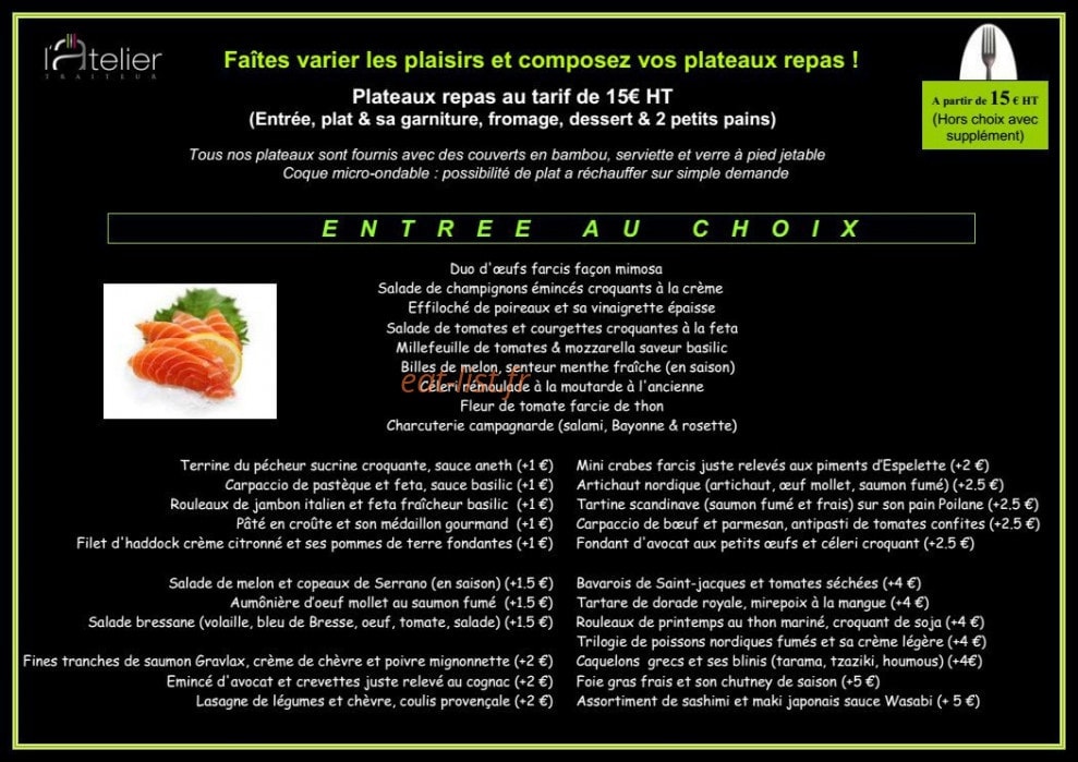 Carte et menu de L'Atelier Traiteur à Clairefontaine en Yveline — Les entrées