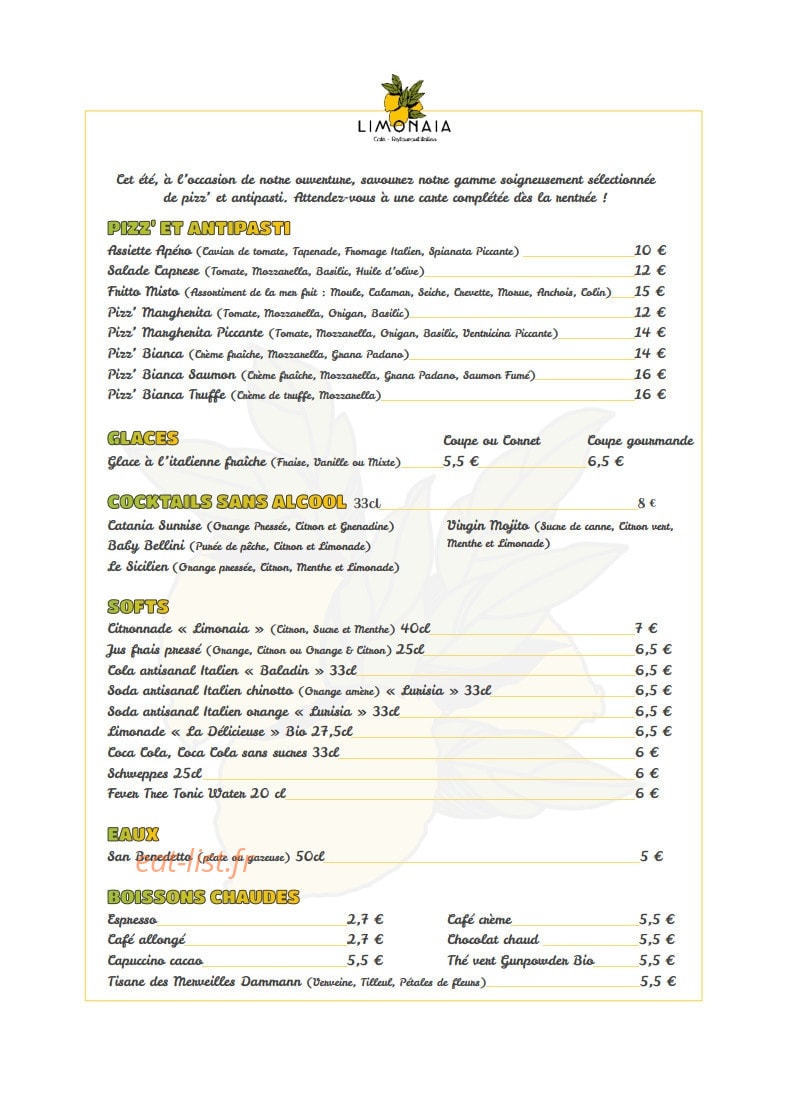 Carte et menu de Limonaia à Clairefontaine en Yveline — Les pizzas, softs, …