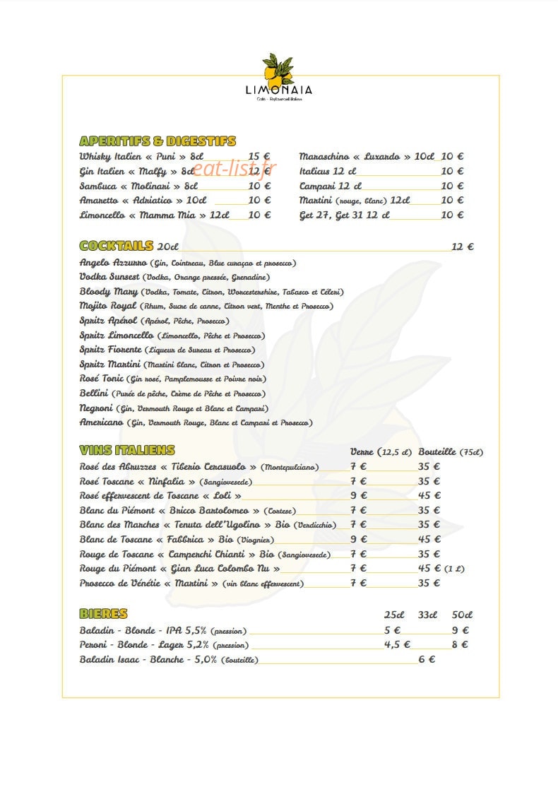 Carte et menu de Limonaia à Clairefontaine en Yveline — Mes apéritifs, cocktails, ...
